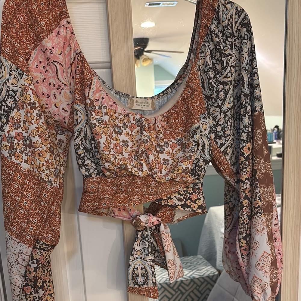 Altar'd State Brown and Tan Long Sleeve Tie Back Crop Blouse